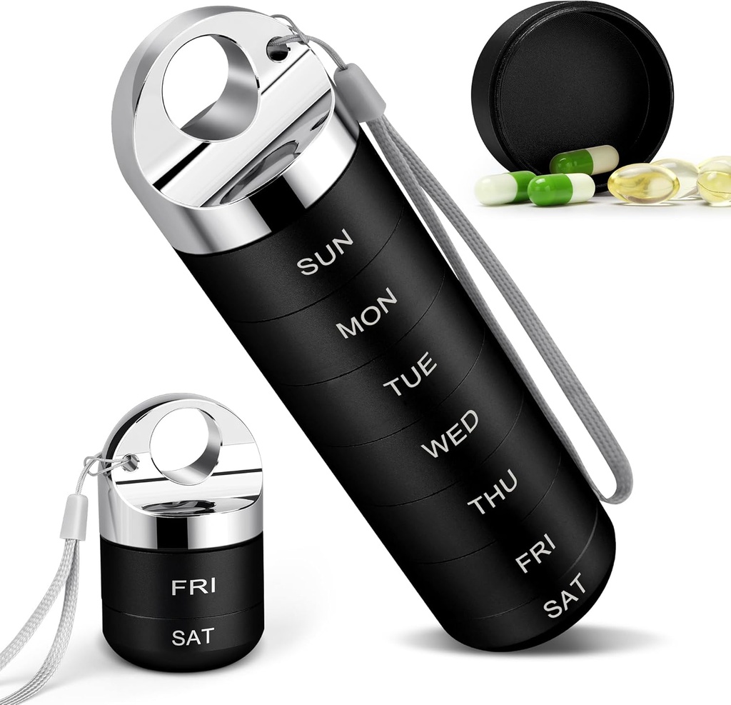 TaroKitc metallo organizzatore settimanale della pillola, elegante lega di alluminio Pill Box di viaggio, portatile impermeabile caso di pillole giornaliere, 7 giorni di medicina titolare con ampio confronto per vitamina, olio di pesce, supplemento (nero)
