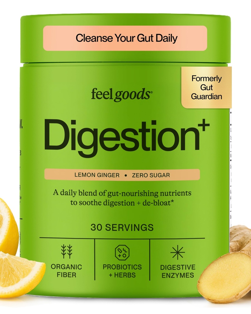 Feel Goods Gut Guardian, Fibra Organica, Polvere Probiotica e Prebiotica, Zucchero Libero, Erbe per Bloat, Gut Health Support, Salute Digestiva per Uomini & Donne, Non OGM, Vegan, Lo zenzero di limone, 30 Serve
