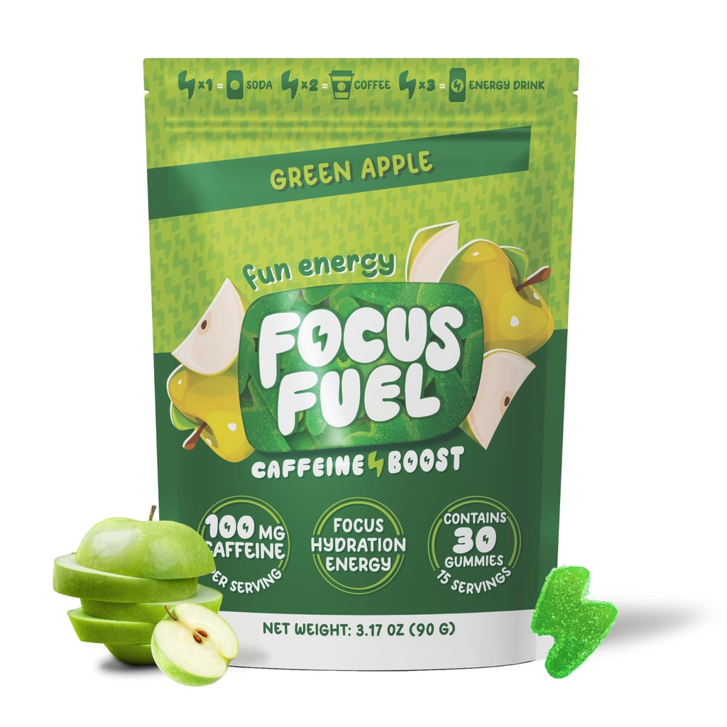 FocusFuel Energy Chews – Saveur de pomme verte (15 portions) – 100mg Caféine + B12, Magnésium, Alpha GPC – Boost Focus & Energy – Pas de crash ou de jitters