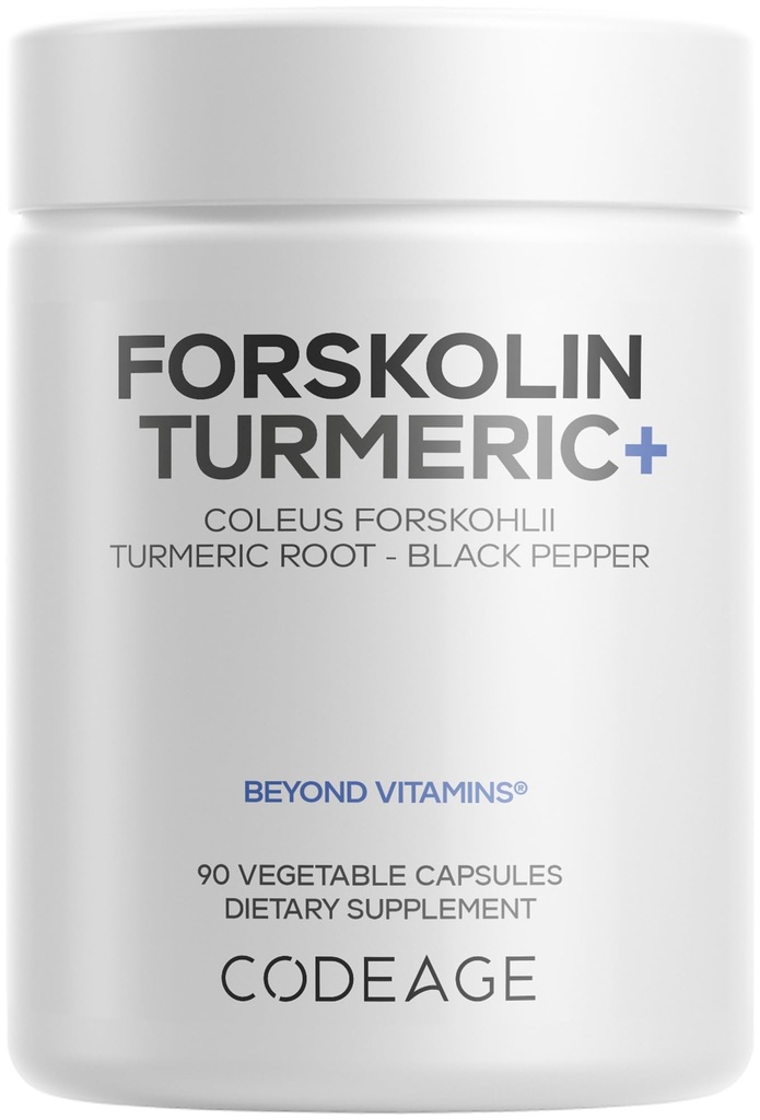 Codeage Forskolin, Pure Forskolin Coleus + Poudre de racine curcuma biologique, 95% Curcuminoïdes + Pepper noir Bioperine - Supplément standard Coleus Forskohlii - Non-OGM - 90 Capsules