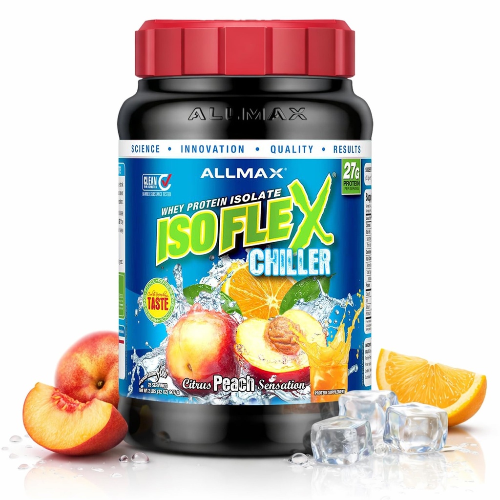 ALLMAX Nutrition Chiller ISOFLEX, Citrus Peach Sensation - 2 lb - 27 grammes de protéines par scoop - Zéro gras et sucre - 99% Sans lactose - Environ 28 portions