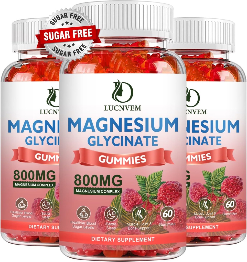 Glycinat de magnésium sans sucre Gommies, 500mg Glycinat de magnésium avec 200mg de malate de magnésium, Taurat, Oxyde, COQ10, Vitamine B6 et D3, Relaxation, humeur calme, 60 Gommies de framboise(3 Pack)