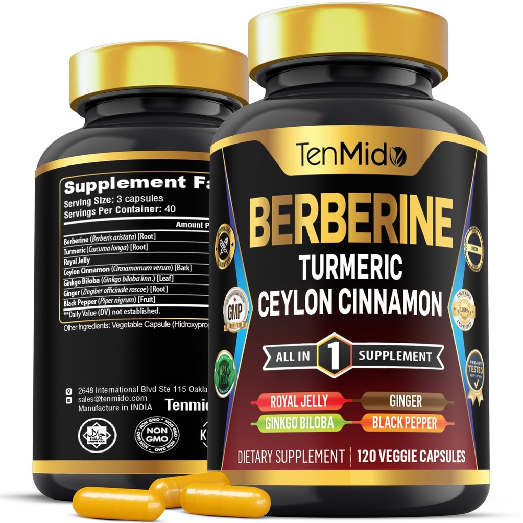 Berberine Supplement - 7in1 Formel - Kombinieren Sie mit Kurkuma, Royal Jelly, Ceylon Cinnamon, Ginkgo Biloba, Ginger & Black Pepper - Verdauungsmedizin, Immununterstützung - 120 Kapseln