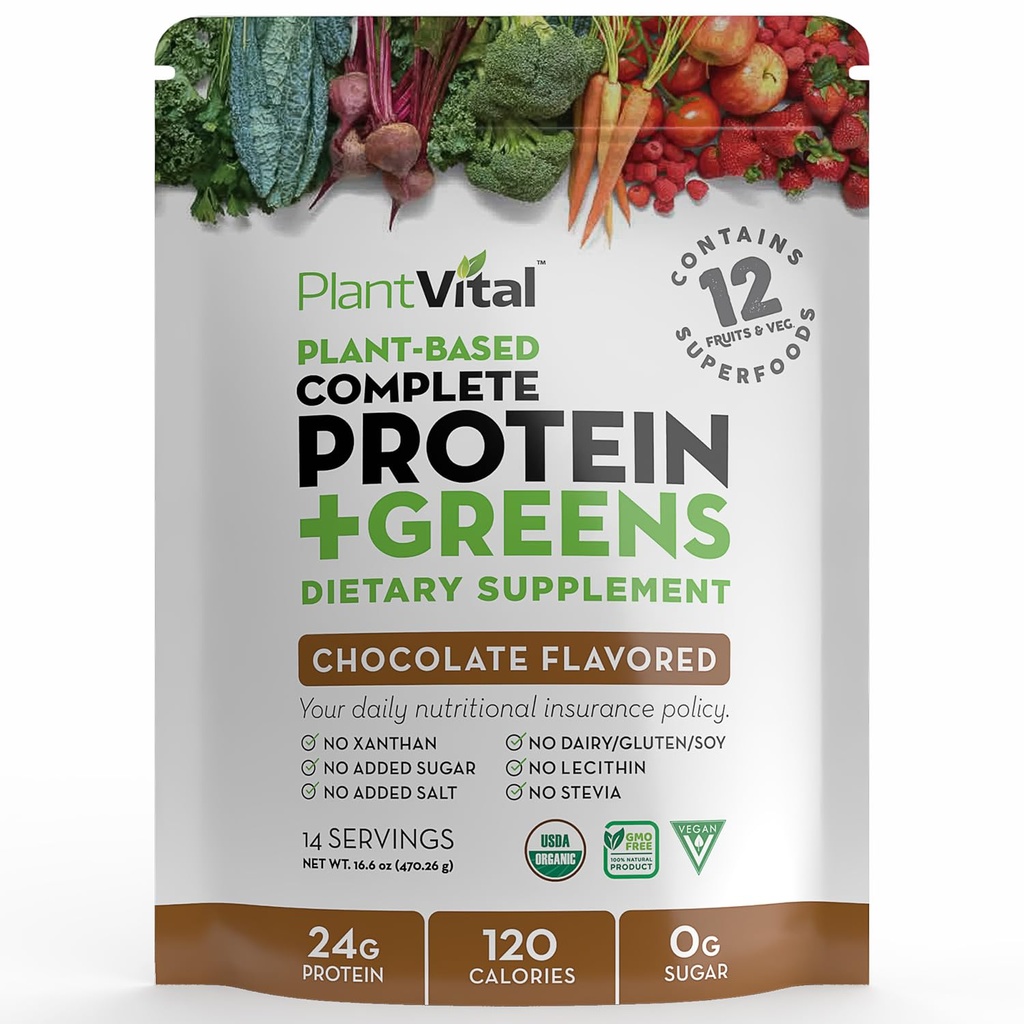Plantvital Vegan Protein Pulver Pflanze basiert, Bio-Protein Pulver Schokolade 24g/0g Zucker, 12 Superfoods, Veggies, Probiotics, Raw Cocoa, Kale, Beets, Spirulina, Pea, Gluten-Free, Keto-Friendly,16oz