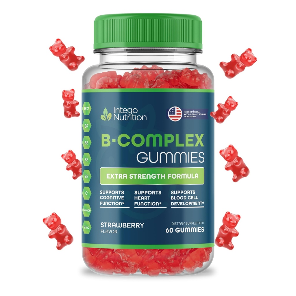 Vitamin B Complex Gummis für Erwachsene, B Complex Vitamin Supplement für Frauen und Männer, B Vitamine Complex Gummis für Energie und Gehirn Gesundheit, natürliche Erdbeeren Geschmack, 60 Zähler