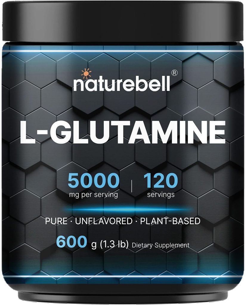 NatureBell L-Glutamine Polvere Gut Salute | 600 Grammi, 5000mg Per Serving, 100% Pure -Unflavored -Vegan Glutamine Polvere per il recupero post allenamento, Supporto immunitario -120 Serve
