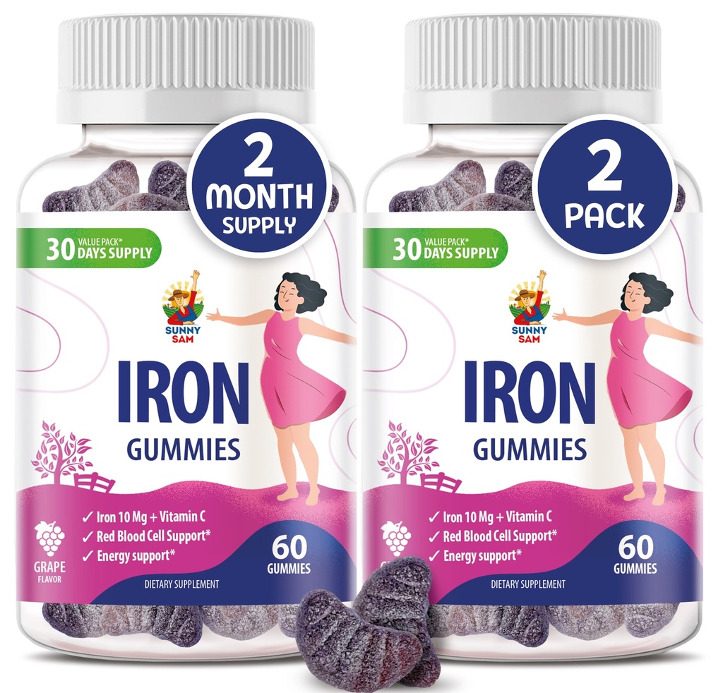 SUNNY SAM Iron Gummies per bambini e adulti - Vitamine di ferro con vitamina C, 10 mg per porzione - Gomma di frutta masticabile per il supporto immunitario Produzione di globuli rossi