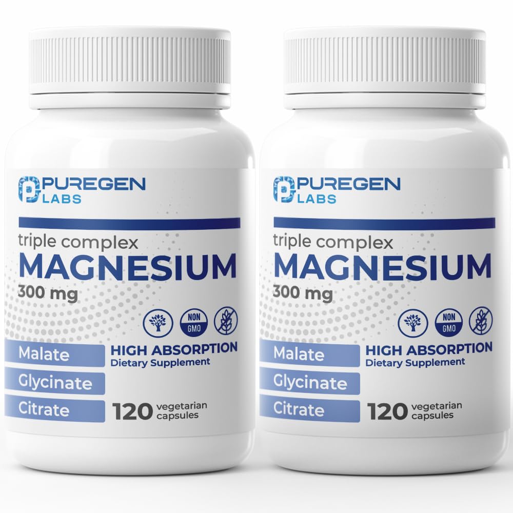 Puregen Labs Triple Magnesium Complex 300mg Magnesium Glycinat, Malat, & Citrate [High Absorption] Insgesamt 240 Veg Kapseln | Keine schädlichen Additive | Non-GMO, NO Gluten und Dairy | Made in USA