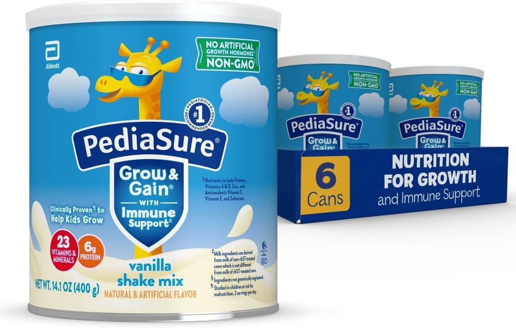 PediaSure Grow & Gain mit Immununterstützung Shake Mix Powder, 23 Vitamine & Minerals, 6g Protein, Non-GMO, Gluten-Free, Kids Nutrition, Vanilla, 14.1 oz Can, Pack von 6-48 Portionen