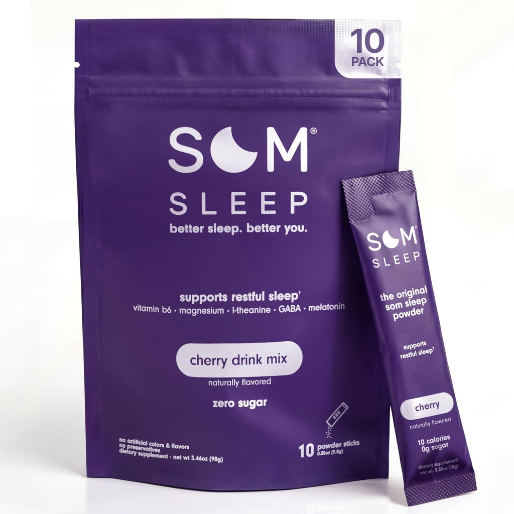 Som Sleep, Restful Sleep Powder Drink Mix w/Melatonin, Magnesium, Vitamin B6, L-Theanin & GABA – Vegan, Zero Sugar, Keto Friendly – Kirsche, 10-Pack