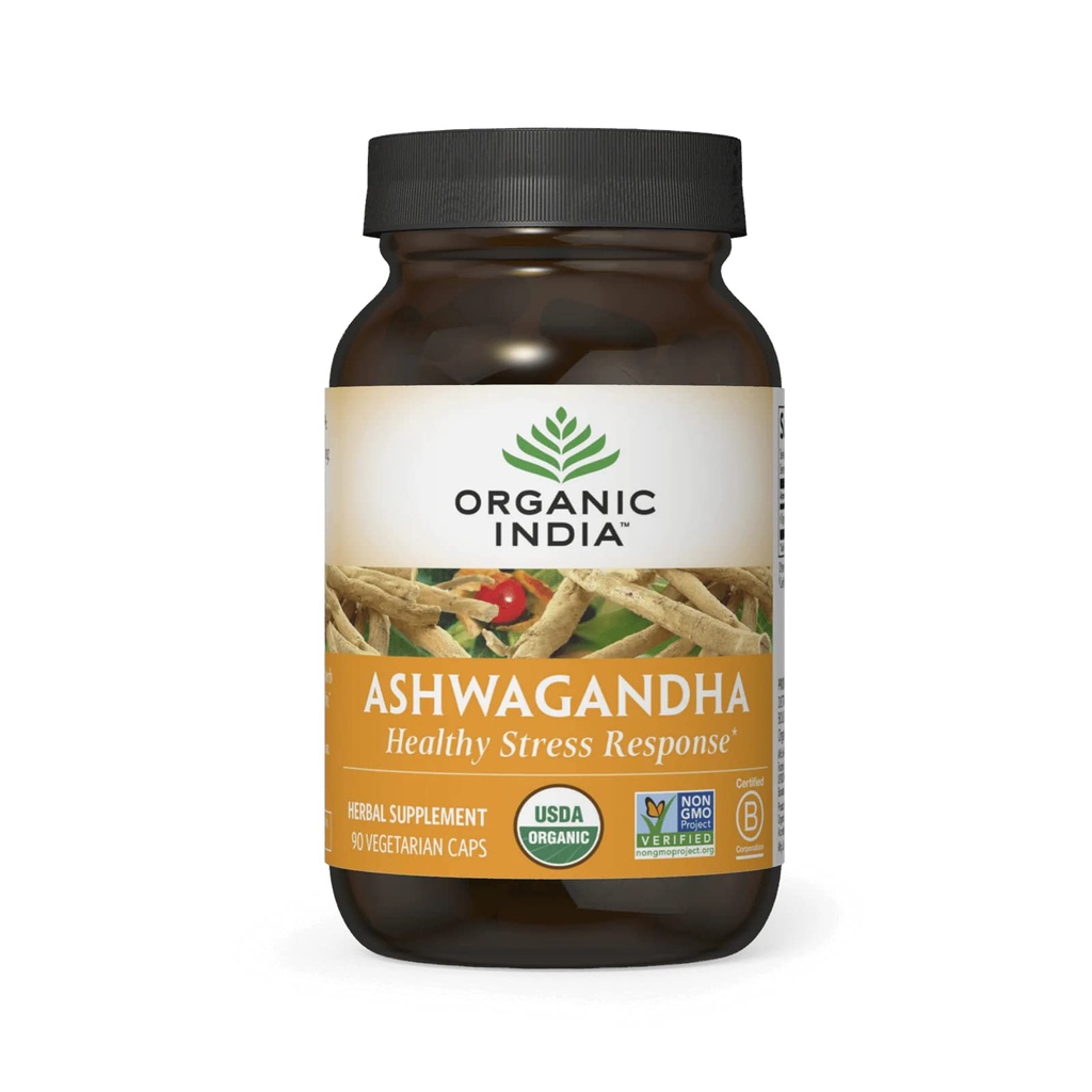 INDE ORGANIQUE Capsules Ashwagandha - Supplément Organique Ashwagandha - Racine d'Ashwagandha Vegan, sans gluten, sans casher, sans OGM, soutient le stress, l'énergie et le sommeil - 90 Capsules