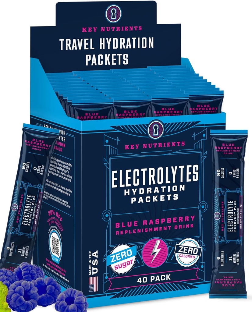 KEY NUTRIENTs Electrolytes Powder Packets - Delicious Blue Raspberry 40 Pack Hydration Packets - Polvere di idratazione di viaggio - No Sugar, No Calories, Gluten Free - Made in USA
