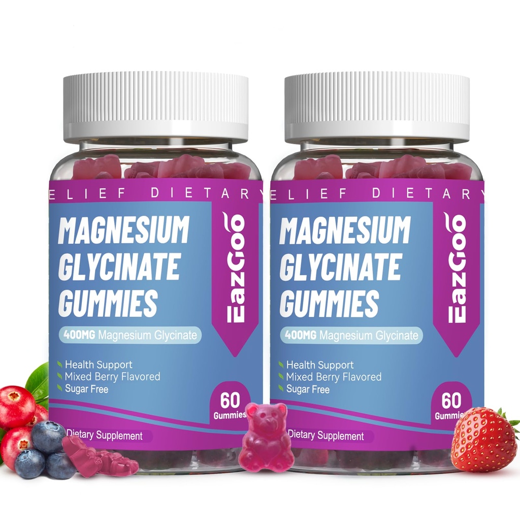 Magnesio Glycinate Gummies 400mg con L-Threonine 200mg - Zucchero Magnesio Senza Magnesio Supplemento di Potassio con Vitamina D, B6, CoQ10 per Muscolo - 120 Gummie aromatizzate alla Bacca Mista
