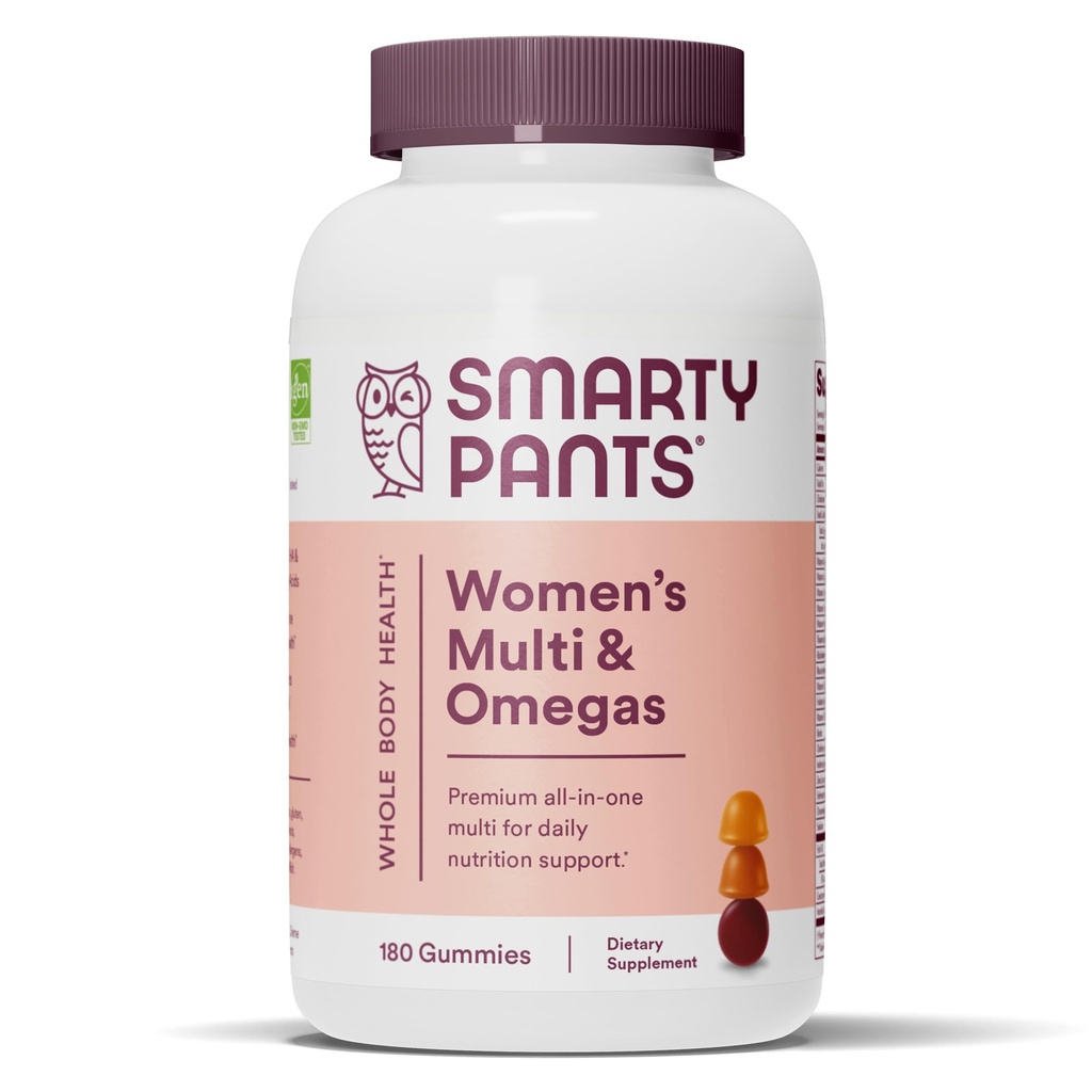 SmartyPants Gommies multivitamines pour femmes : Huile de poisson Omega 3 (EPA/DHA), Méthylfolate, CoQ10, Vitamine D3, C, Vitamine B12, B6, A, K & Zinc, Inositol, Sans gluten, 180 Compte (30 jours)
