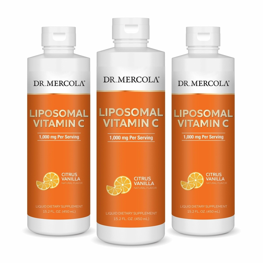 Dr Mercola Vitamine liposomique liquide C - Supplément de soutien antioxydant et immunitaire - Comprend la vitamine E - Sans OGM, sans gluten et sans soja - Citrus Vanilla Flavor - 450 ml (30 portions) - 3 emballages