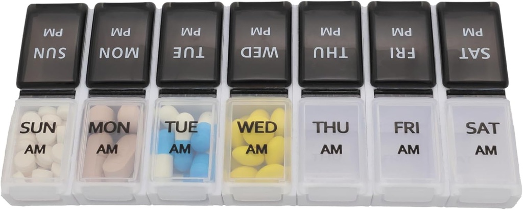 Pill hebdomadaire de 7 jours AM PM Organisateur, ShysTech Grande Pill Case Boîte pour pilules/vitamine/Suppléments/médication (Séparable, Petit Noir/Blanc)