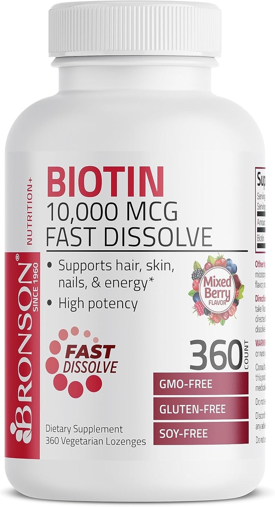 Bronson Biotin 10.000 MCG Lozenges Fast Dissolve High Potency Supports Hair, Skin & Nails Mixed Berry Flavor - Non-GMO, 360 Lozenges vegetariani