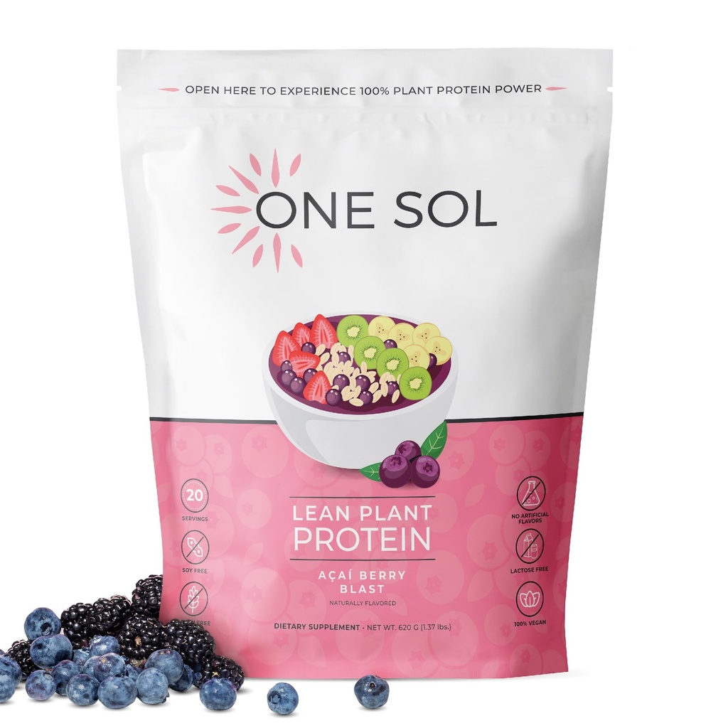 One Sol Lean pianta-based Protein Powder, Pea & Brown Rice Protein, Carb basso, Vegan Friendly - Gluten, Lattosio, & Soy Free - Non Aggiunto Zucchero, Non OGM, Nutrizione pulita, Senza Bloating (Acai Berry Blast)