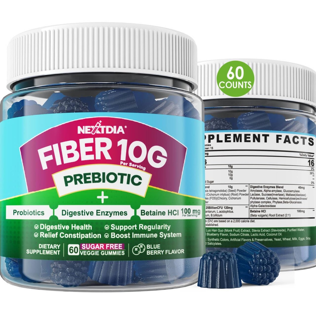 Ballaststoffe für Erwachsene, Sugar Free 10g Prebiotic Fiber Supplement mit Verdauungsenzymen, Probiotics & 100mg Betaine für Verdauungs- und Gutgesundheit und Regulate Bowel Movement, Vegan, Gelatin Free, 60ct