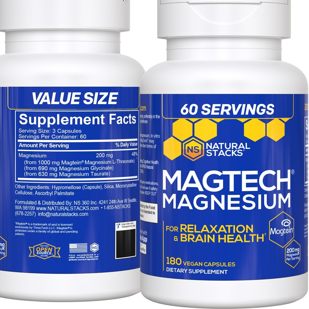 MagTech Magnesium Supplement - 3 Formen von Magnesium: Magtein L-Threonate, Glycinate & Taurate - 200mg Chelat Magnesium Complex - unterstützt Entspannung & Gehirngesundheit - 180 Kapseln