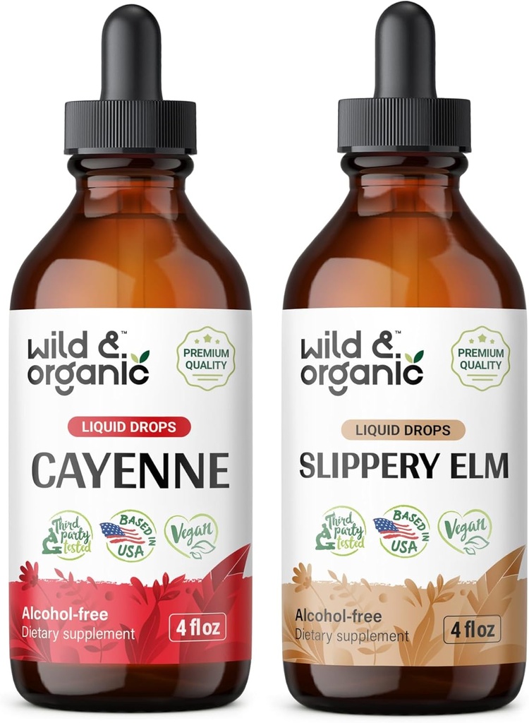 Wild & Organic Cayenne Pepper Tincture 4 fl oz & Slippery Elm Tincture 4 fl oz