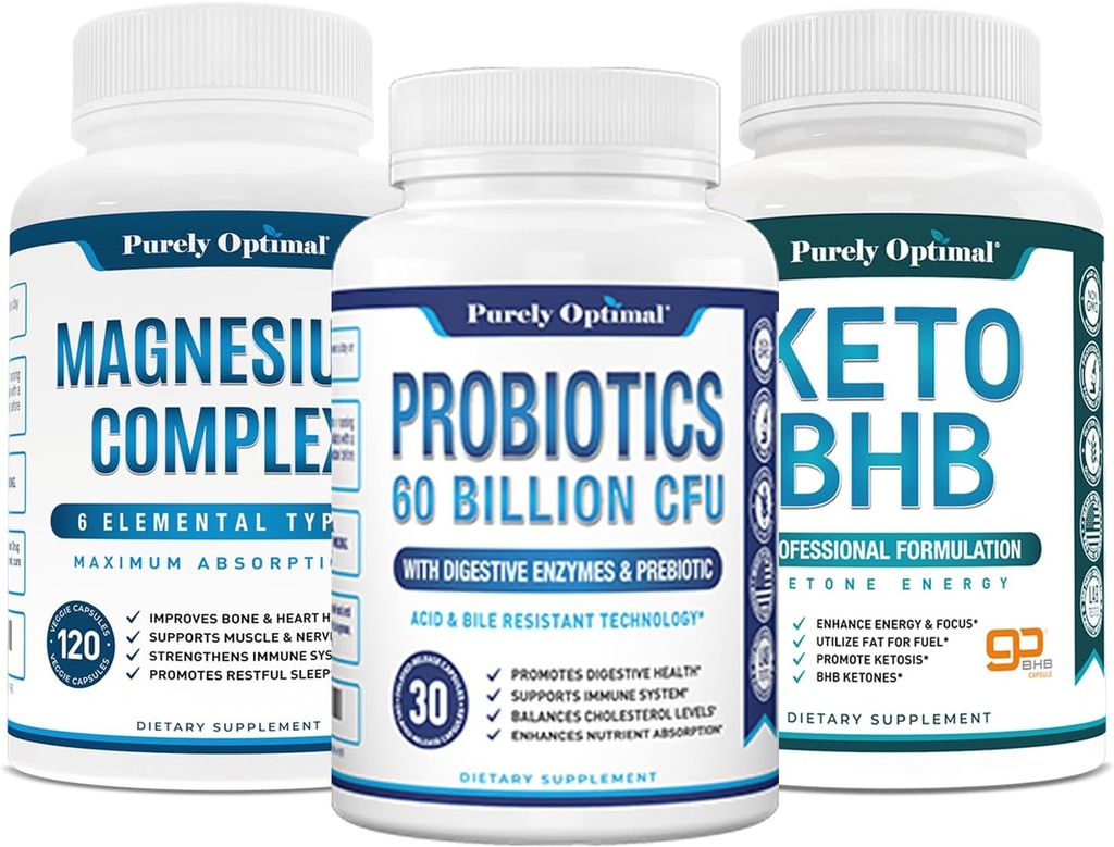 Magnesium Complex Supplement - Citrat, Malat, Taurat, Oxid, Bisglycinat Chelat, Aspartate + Probiotics 60 Billion CFU + Keto BHB Exogene Ketone Supplement
