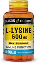 MASON NATURAL L-Lysine 500 mg mit Calcium - Verbesserte Immunfunktion, Verbesserte Nährstoffaufnahme, essentielle Aminosäure, 100 Tabletten