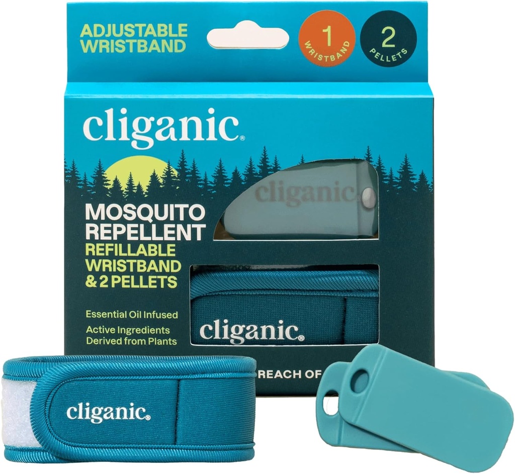 Cliganic Moskito Repellent Pack (Wristband + 2 Refill Pellets) - Einstellbar, natürlich DEET-frei, ätherisches Öl infundiert