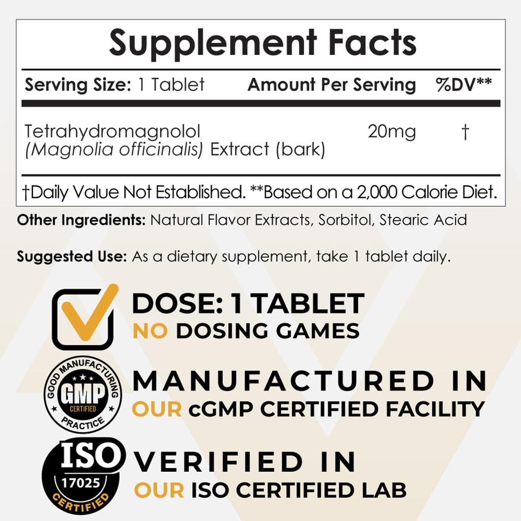 Nootropics Depot Tetrahydromagnolol Dissoudre rapidement les comprimés de 20mg de Magnolia officinalis