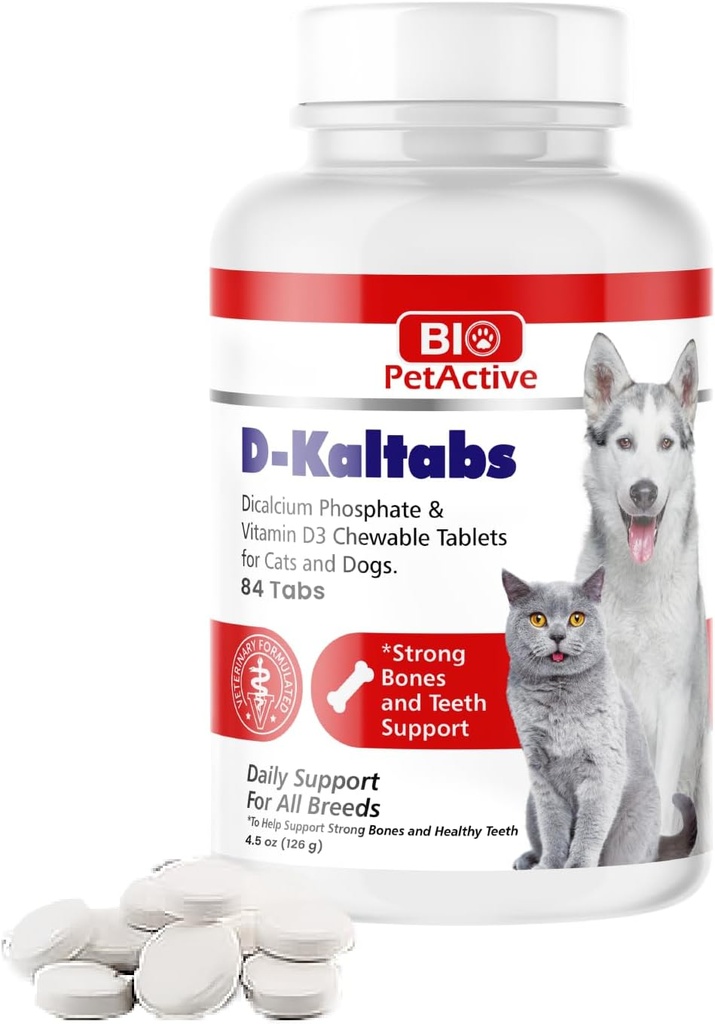 D-Kaltabs Phosphore, supplément de vitamine D3 au calcium pour chiens et chats, vitamines prénatales pour animaux de compagnie, tabs quotidiens pour animaux de compagnie, ongles forts, soutien des dents, 84 comprimés à croquer