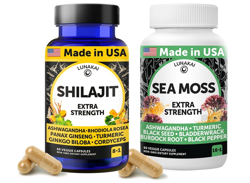 Lunakai USA Made Shilajit & Sea Moss Capsules Bundle with Ashwagandha, Black Seed Oil & Rhodiola for Strength & Immune Support, 60ct Each