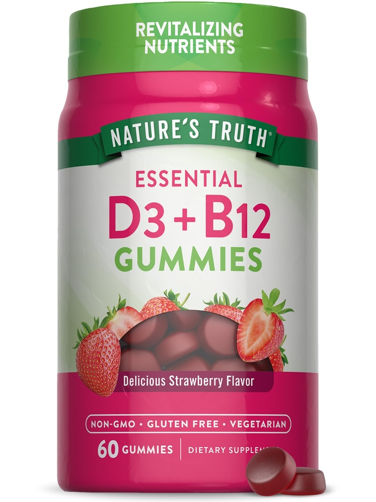 Vitamina D3 e B12 Gummies per adulti | 60 Conte | Sapore di fragole | Vegetariano, Non OGM & Gluten