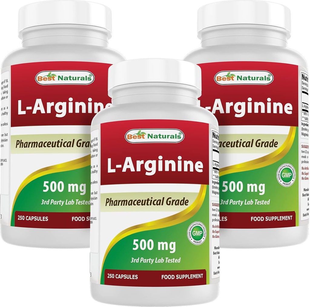 Best Naturals L-Arginine 500mg 250 Capsules (250 Nombre (paquet de 3))