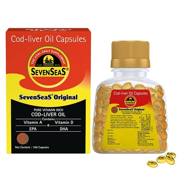 Seacod Cod-Liber Öl Kapseln ,Omega-3 Fettsäuren, Vitamin A, Vitamin D 100 Kapseln