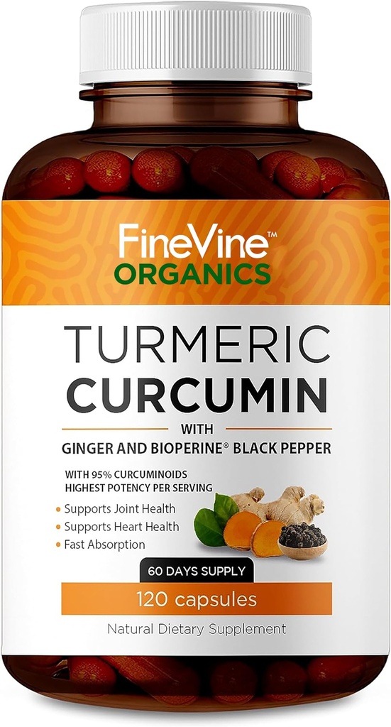 Curcumine curcumine avec poivre noir BioPerine et gingembre - Fabriqué aux États-Unis - 120 Capsules végétariennes pour Absorption avancée, Support des articulations