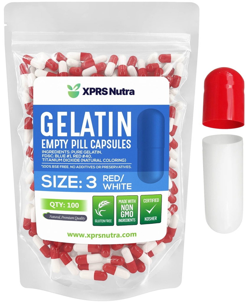 XPRS Nutra Size 3 Capsule Vuote - 100 Conta capsule Gelatine Vuote - Pillole Riempimento Capsule fai da te - Pure Bovine Pill Gel Caps Fillable Do-It-Yourself Vitamins and Supplements (Red/White)