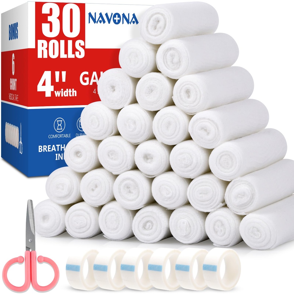 Navona Gauze Rolls 30 Pack, 4 en x 4.1 Yards, Gauze roulée individuellement, Mummy Wrap, Premium Gauzes Wrap Roll pour les blessures