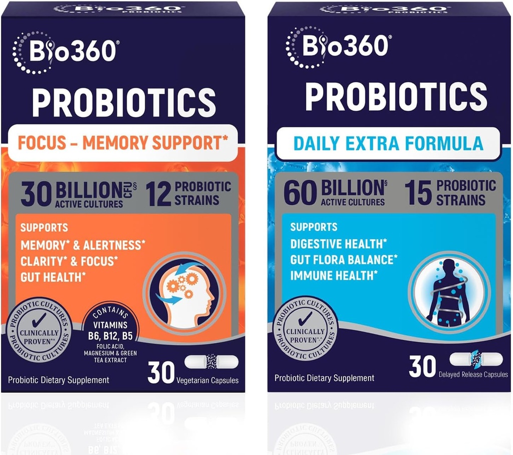 Bio360 Probiotics Bundle, kognitive Unterstützung Formel & Daily Extra Formel, Gehirnunterstützung & Gut Health Supplements, hilft Gedächtnis, Fokus & Verdauung, 2 x 30 Vegan Ergänzungen
