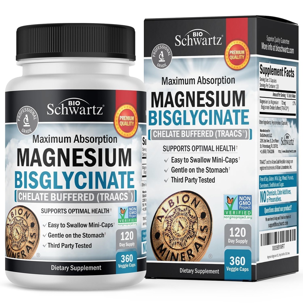 Magnesio Bisglycinate Supplemento Chelato - Supplemento di Magnesio ad alto assorbimento per muscolo, Bone & Joint Support, Non Lassativo, Completamente Buffered, Non-GMO, Biodisponibilità Massima - 360 Capsule