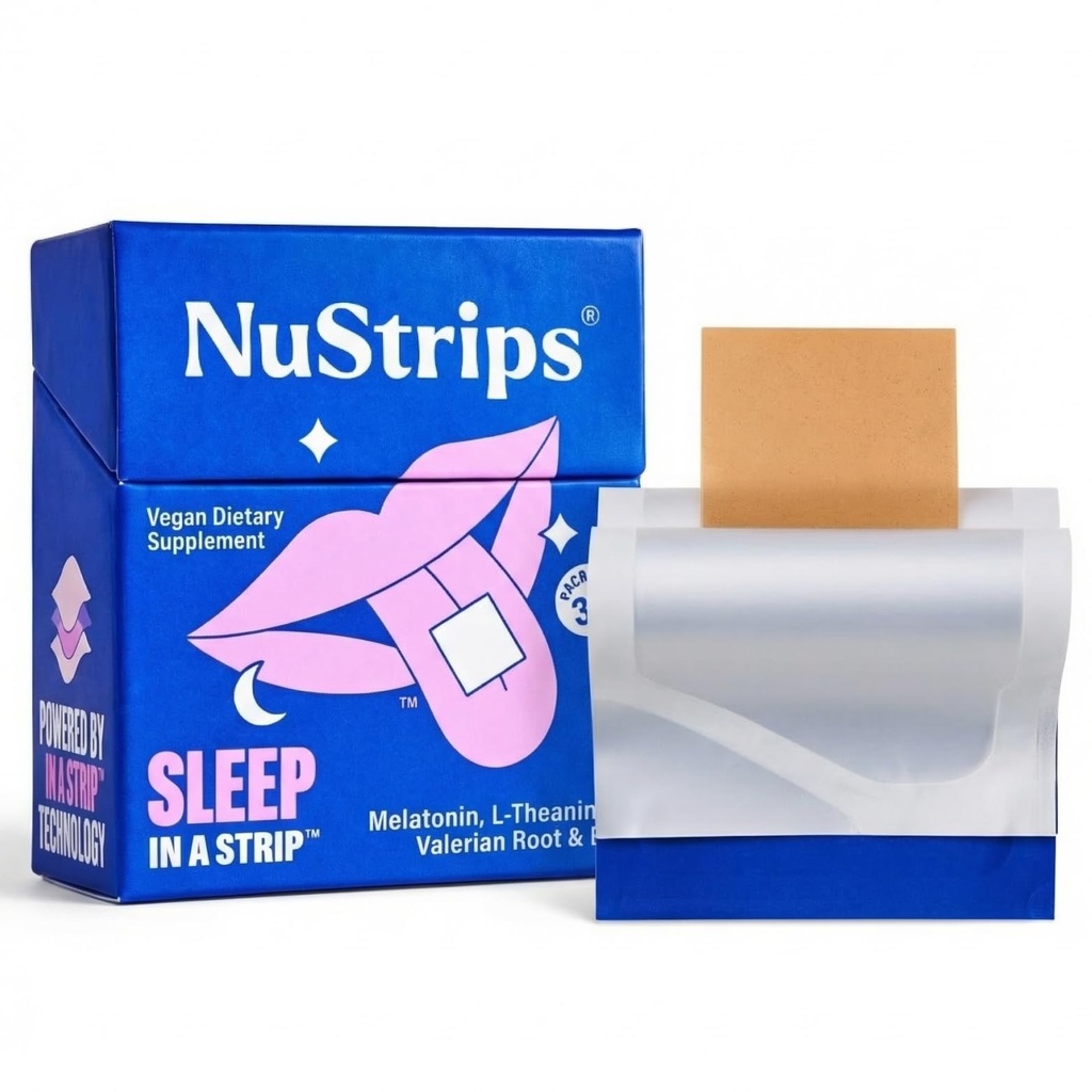 NuStripsTM Strisce di sonno disciogliente con 5 mg di melatonina, radice di valeriana, L-teanina e vitamina B6 – Aroma di mirtillo - Natural Sleep Aid, Vegan, Non OGM, Gluten Free – Asleep Fast (30 strisce)