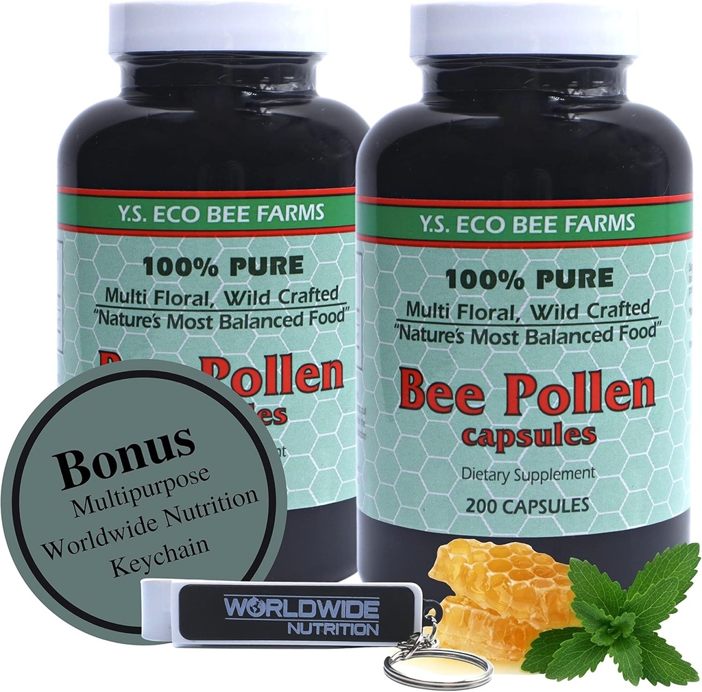 Y.S. Eco Bee Farms 100% Pure, Wild Crafted Bee Pollen Capsule - Organic Bee Pollen Vitamin Supplementi Aminoacidi, Proteine Organiche, Vitamina C, Vitamina B12 Gluten Free 2pk of 200ct w Bonus Key Chain