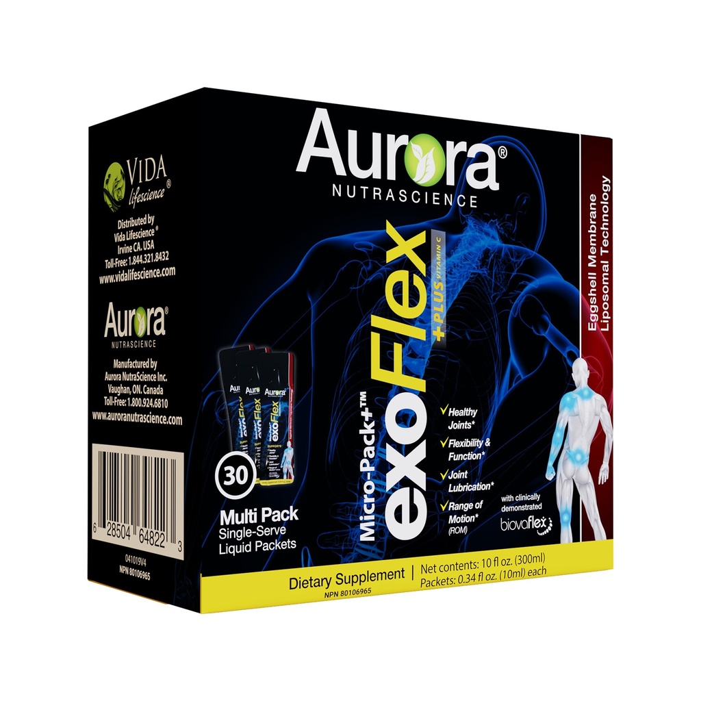 Aurora Nutrascience Micro-Pack Liposomal exoFlex+ mit Vitamin C, unterstützt Joint Flexibility & Function, BiovaFlex Eggshell Membrane, Curcumin & Boswellia, Strwaberry Flavor, 30 Single-Serve Packets