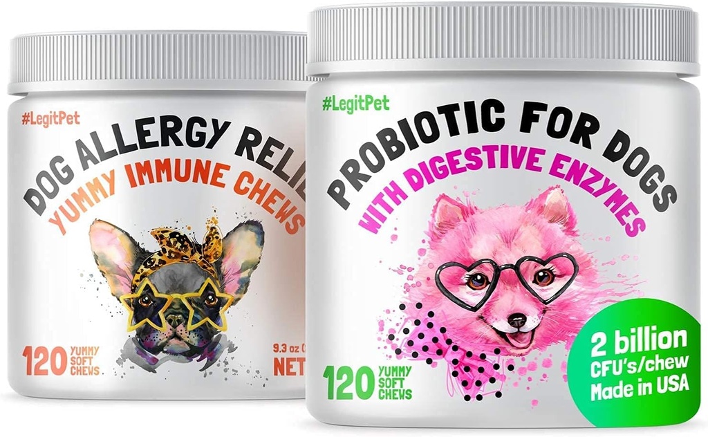 LEGITPET Allergie Relief Chews pour chiens & Immune Support avec Kelp, Colostrum & Bee Pollen 120 Chews doux et probiotiques pour chiens avec enzymes digestives naturelles 120 Chews doux - Fabriqué aux États-Unis