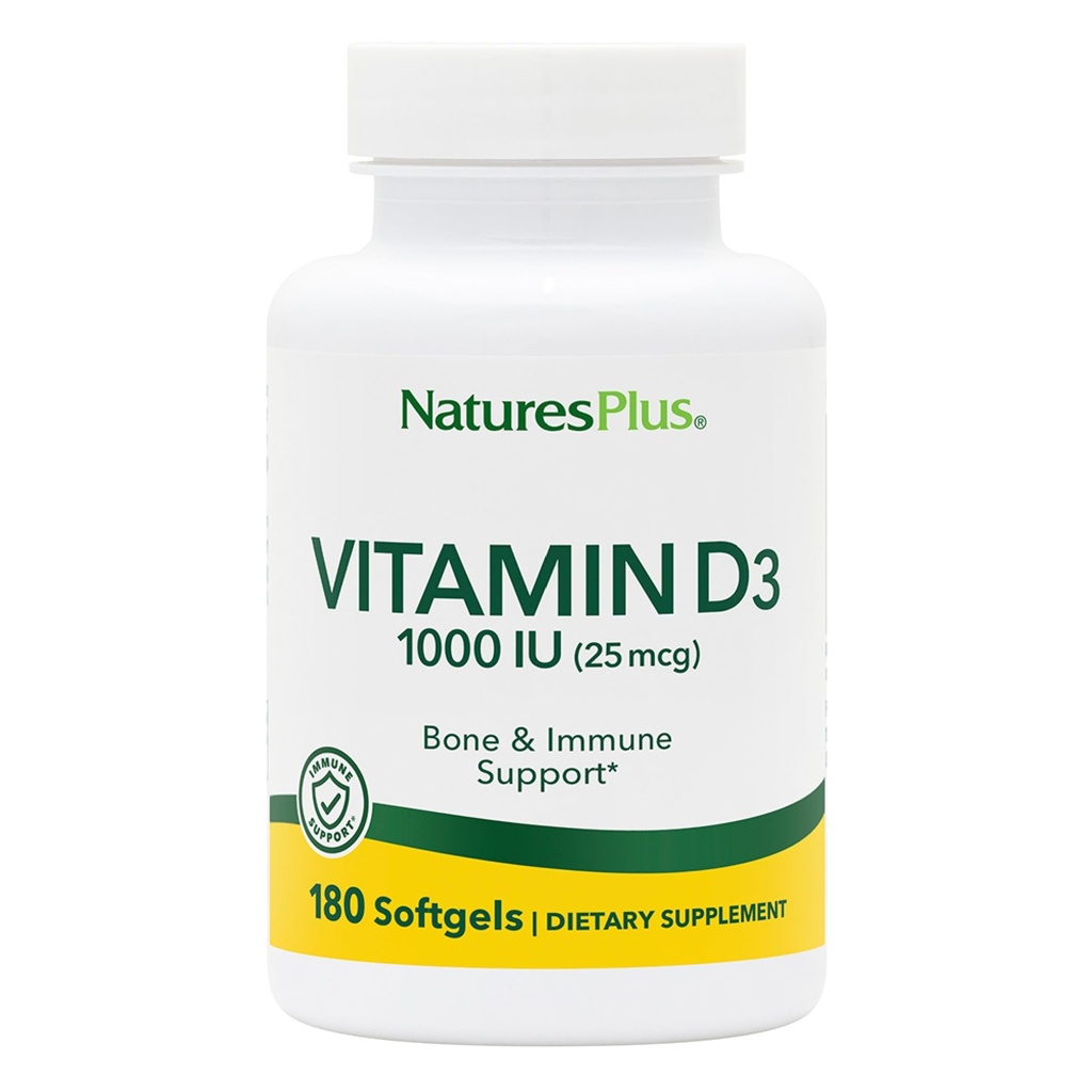 Natures Plus Vitamine D3 (Cholecalciferol) - 1000 iu, 180 Softgels - Soutien nutritionnel aux os sains et au système immunitaire - Forme active biodisponible - Sans gluten - 180 portions