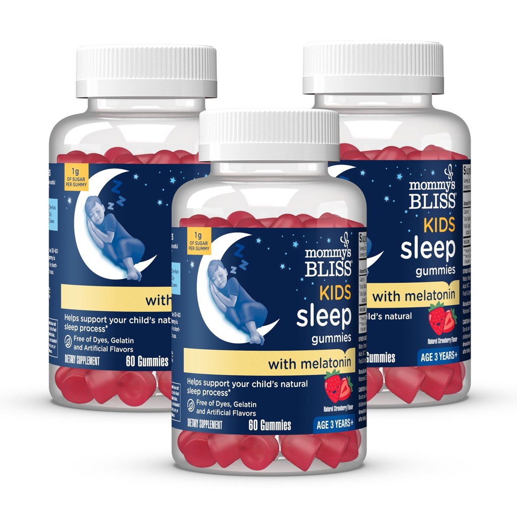 Bliss Kids Sleep Gummies con Melatonin, Supporta il tuo processo di sonno naturale, Età 3 anni per adulti, Fragola Flavor, 1G di zucchero, 60 Gummies (Pack of 3)