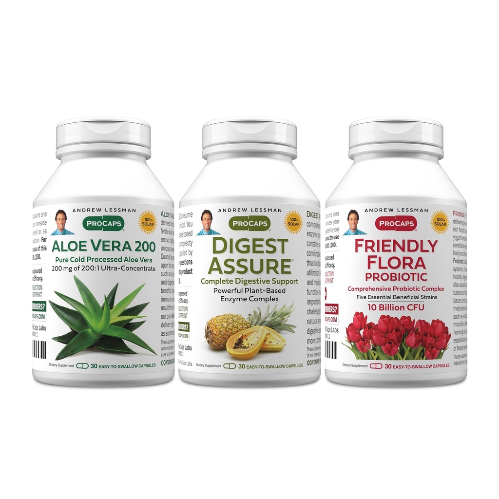ANDREW LESSMAN Kit complet de digestion – 90 Capsules – Ensemble de 3 produits : 30 Capsules chacune d'Assure de digestion, Aloe Vera-200 et Friendly Flora Probiotique, pour un soutien ciblé au système digestif