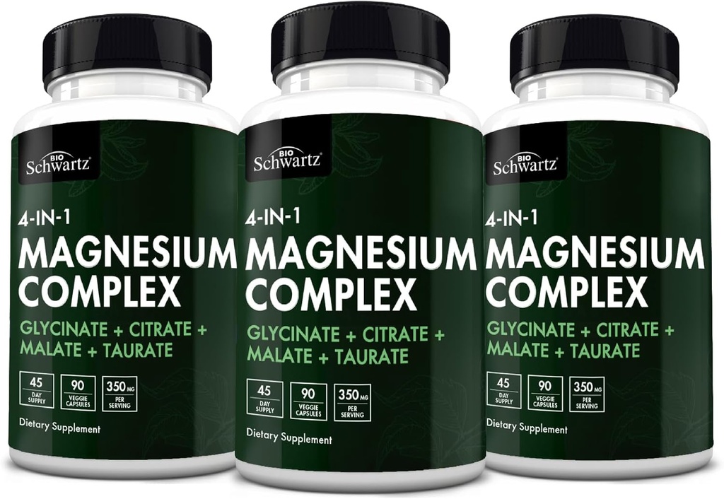 BioSchwartz Magnesium Complex Supplemento (3 Pack) 350mg Magnesio Glycinate Citrato Malato e Taurate Per Servire per le nervature sane Muscoli Supporto per il sonno cardiaco (Vegan, senza glutine, non OGM)
