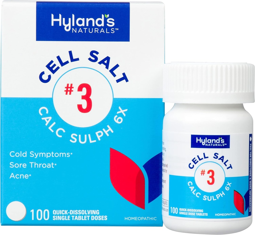 Sel cellulaire de Hyland no 3 comprimés de sulfate de calcium 6X, soulagement du froid, soulagement homéopathique naturel des rhumes, gorge douloureuse, acné, comprimés à dissolution rapide, 100 comtes