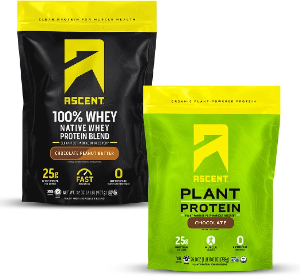 Ascent Whey + Pflanzenprotein Pulver - Schokolade Erdnussbutter 2 lb & Schokolade 18 Servierungen
