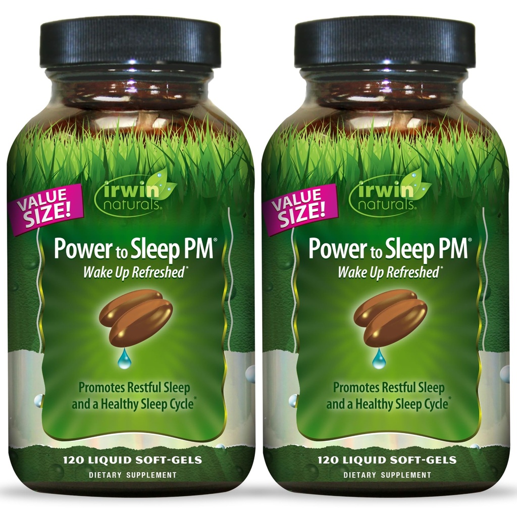 Irwin Naturals Power to Sleep PM - 120 Liquid Soft-Gels, Confezione da 2 - con Melatonin, GABA, Ashwagandha, Valerian Root & L-Theanine - 120 Total Servings
